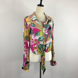 RACHEL ROY Textured Multi-Color Floral Leaf Print Tie Hem Button Shirt